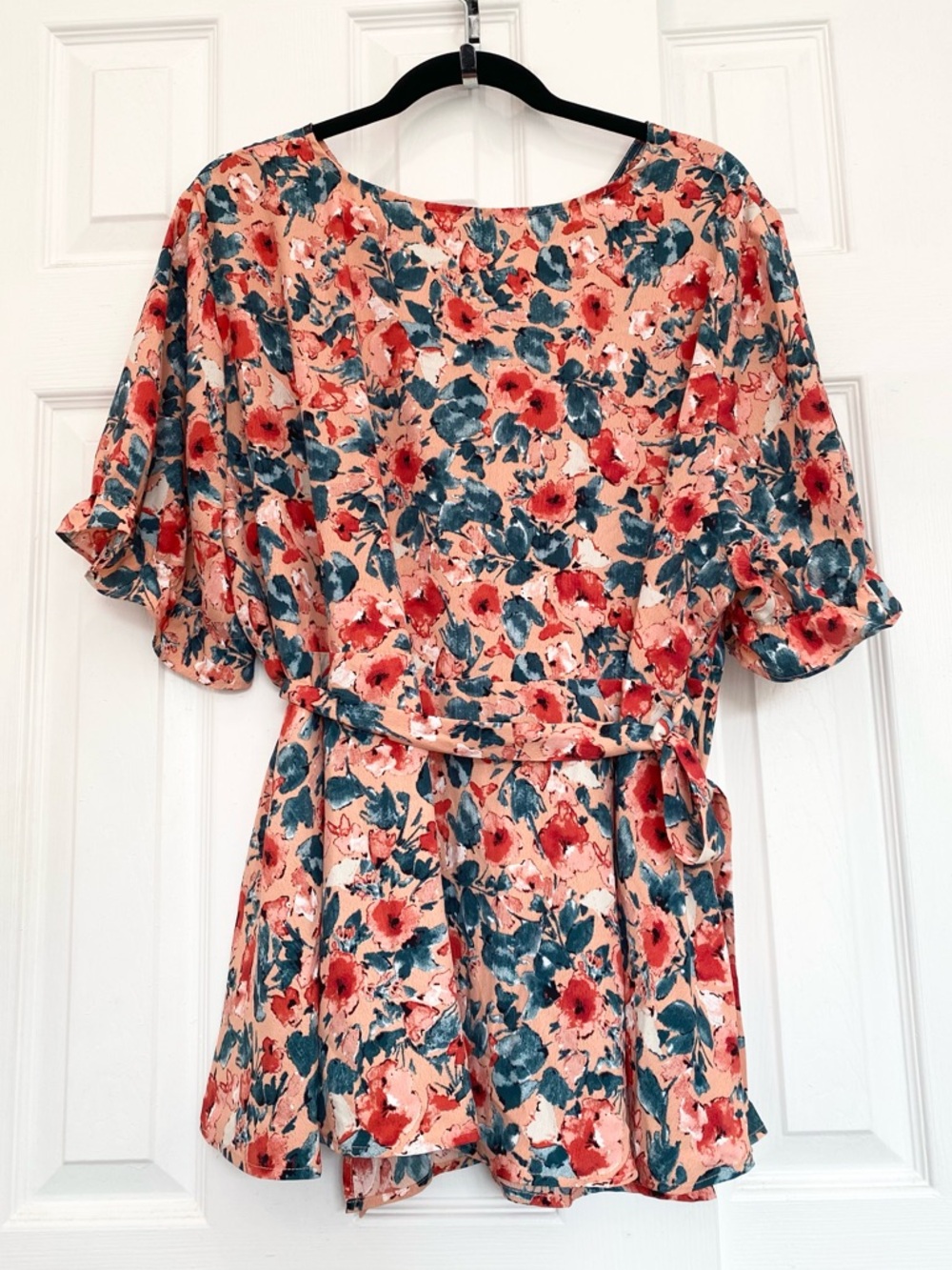 Plus Size Wrap Belted Tops Floral V-neck Ruffle Short Sleeve Peplum Blouse, 3X - Picture 15 of 15